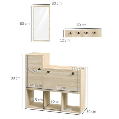 3 in 1 Entryway Furniture with Shoe Rack for 9 Pairs of Shoes, Wall Coat Rack with 4 Hooks, Cupboard, and Mirror in MDF