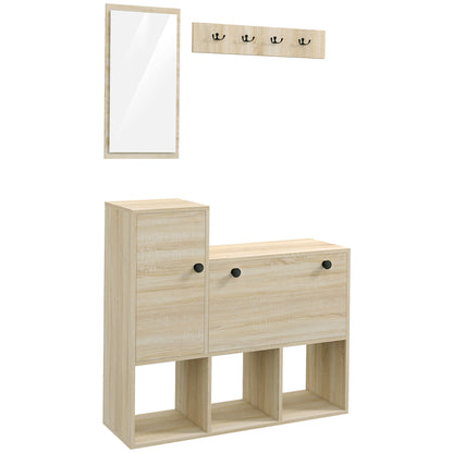 3 in 1 Entryway Furniture with Shoe Rack for 9 Pairs of Shoes, Wall Coat Rack with 4 Hooks, Cupboard, and Mirror in MDF
