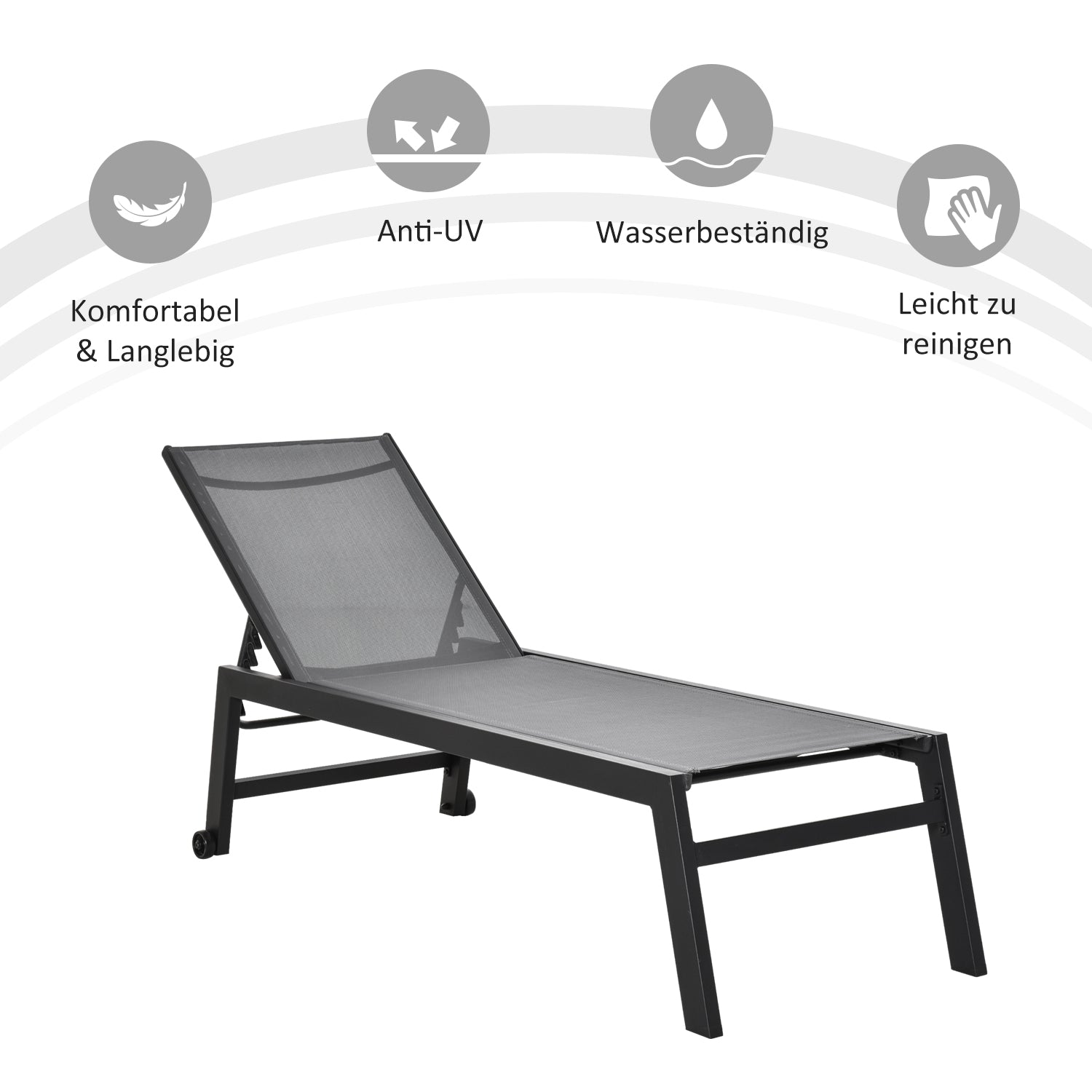 Sun Lounger, Garden Lounger, 5-Position Backrest, Aluminum, Gray, 202 x 65 x 43 cm