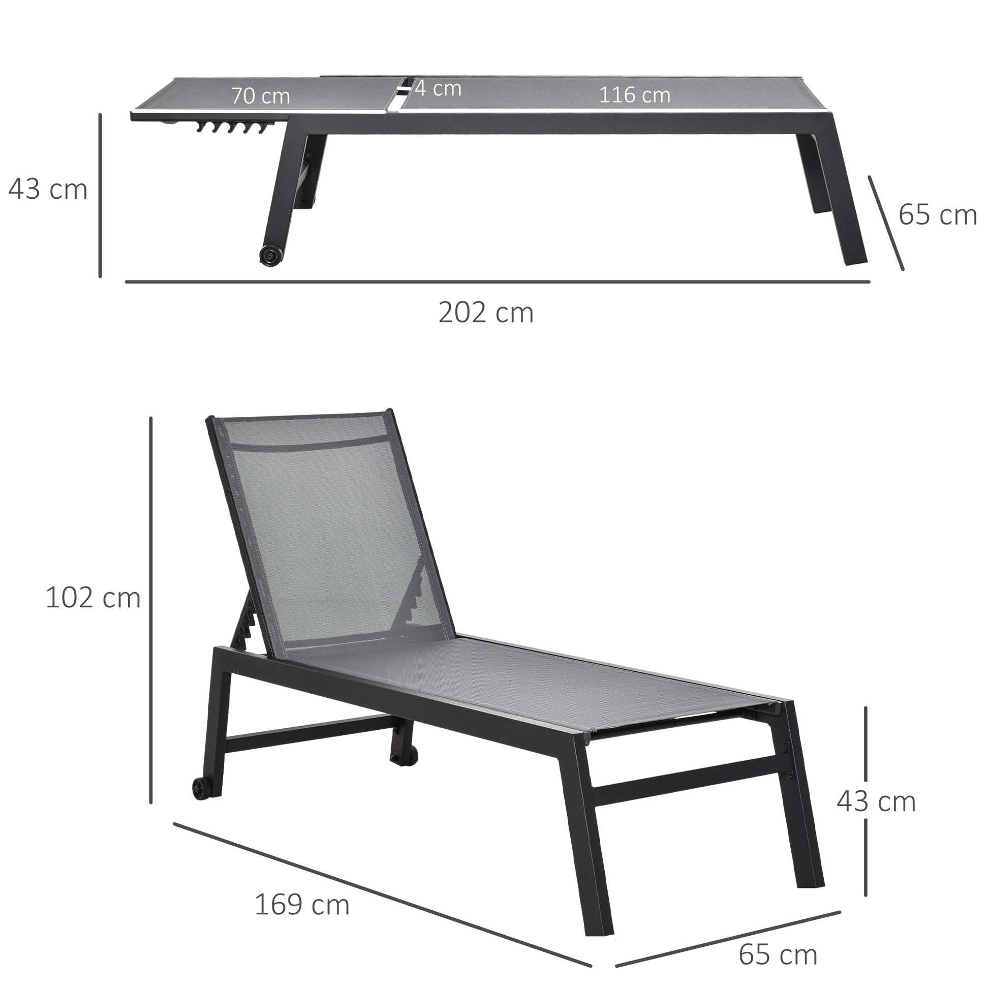 Sun Lounger, Garden Lounger, 5-Position Backrest, Aluminum, Gray, 202 x 65 x 43 cm