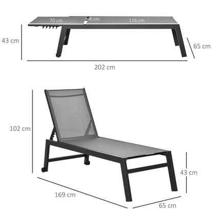 Sun Lounger, Garden Lounger, 5-Position Backrest, Aluminum, Gray, 202 x 65 x 43 cm