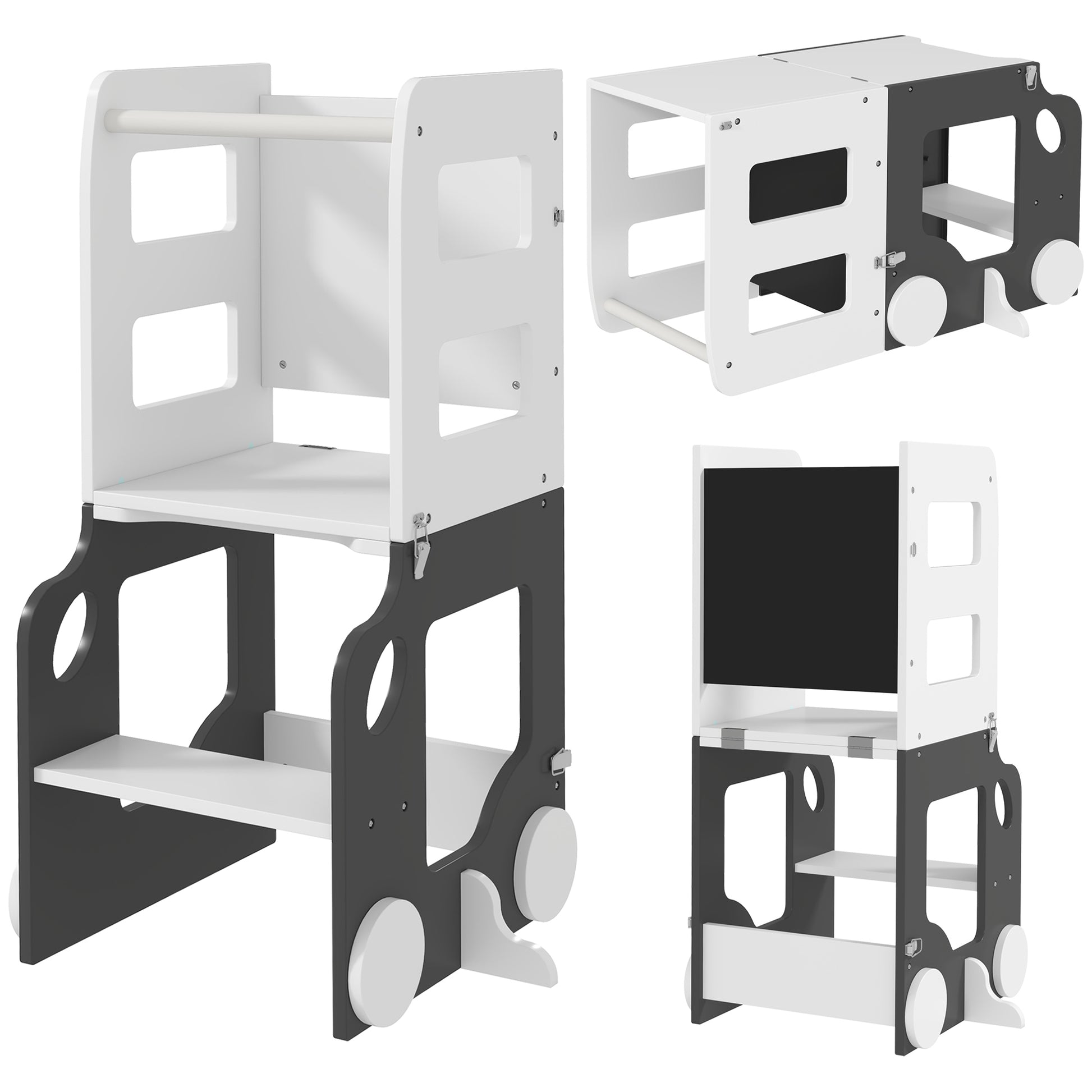 4-in-1 Learning Tower Children's Stool for Kids 3+ Years Old Car-shaped Convertible Table and Chair with Double-sided Chalkboard Safety Bar 58x46x92 cm White and Gray