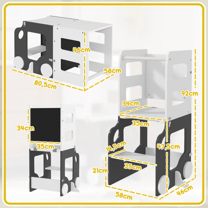4-in-1 Learning Tower Children's Stool for Kids 3+ Years Old Car-shaped Convertible Table and Chair with Double-sided Chalkboard Safety Bar 58x46x92 cm White and Gray