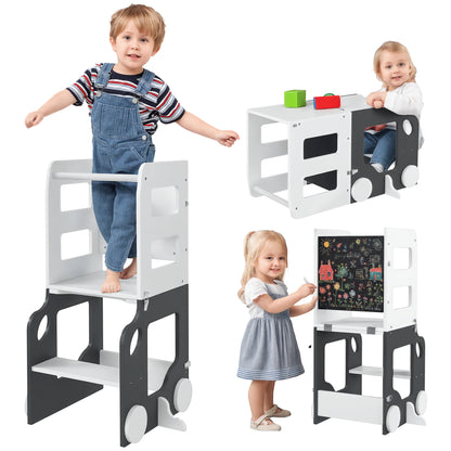 4-in-1 Learning Tower Children's Stool for Kids 3+ Years Old Car-shaped Convertible Table and Chair with Double-sided Chalkboard Safety Bar 58x46x92 cm White and Gray