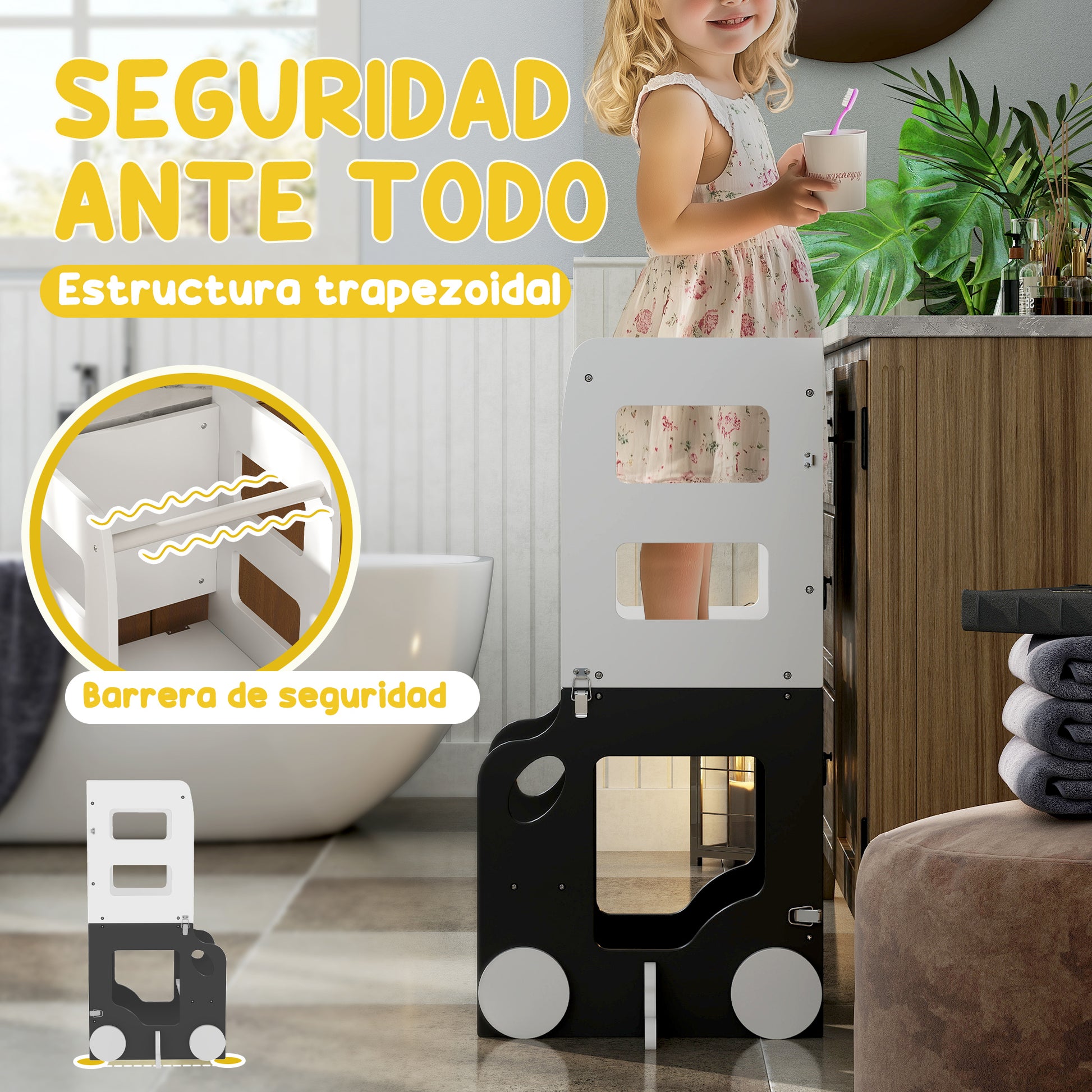 4-in-1 Learning Tower Children's Stool for Kids 3+ Years Old Car-shaped Convertible Table and Chair with Double-sided Chalkboard Safety Bar 58x46x92 cm White and Gray