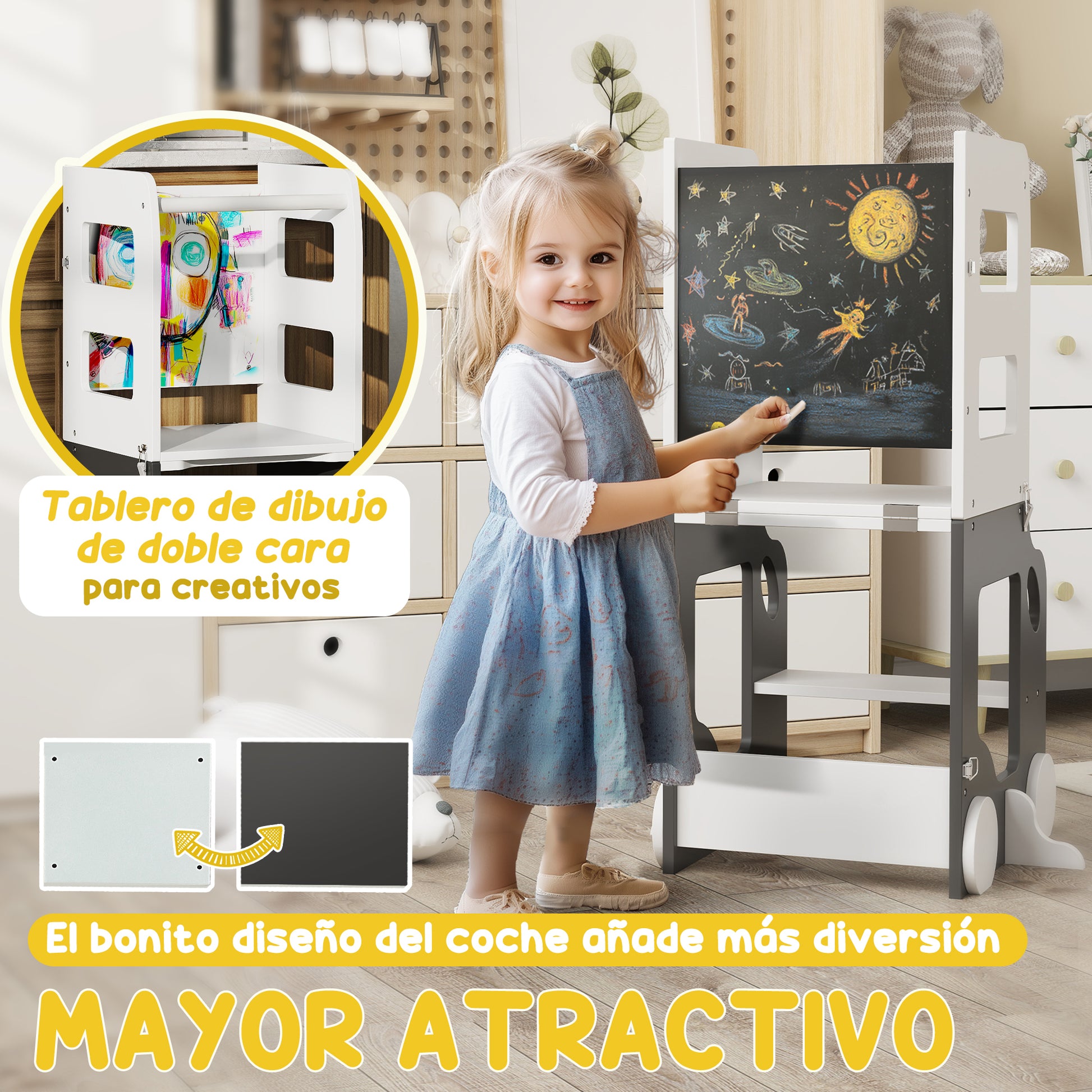 4-in-1 Learning Tower Children's Stool for Kids 3+ Years Old Car-shaped Convertible Table and Chair with Double-sided Chalkboard Safety Bar 58x46x92 cm White and Gray