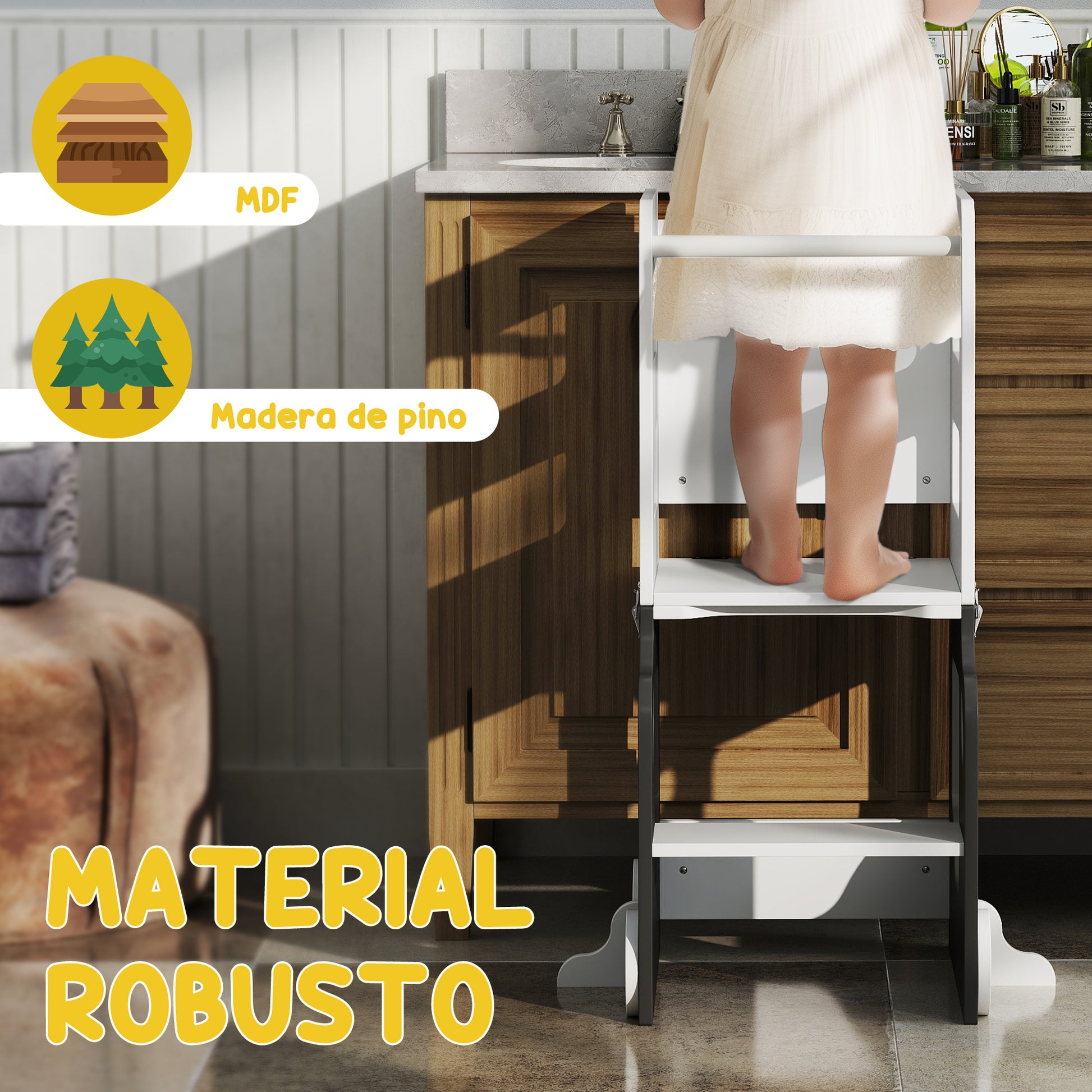 4-in-1 Learning Tower Children's Stool for Kids 3+ Years Old Car-shaped Convertible Table and Chair with Double-sided Chalkboard Safety Bar 58x46x92 cm White and Gray