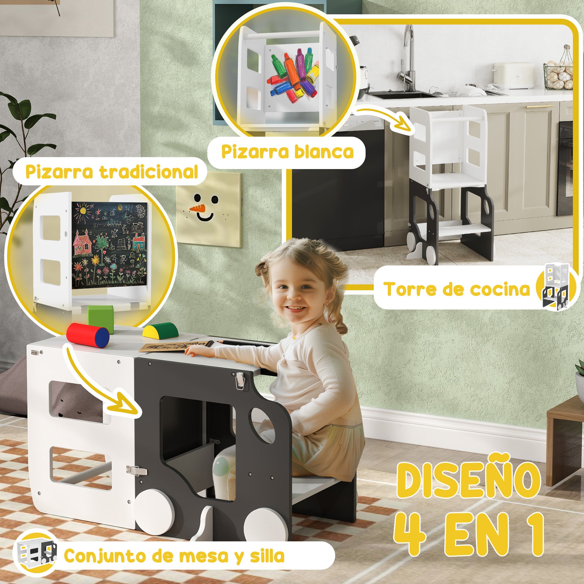 4-in-1 Learning Tower Children's Stool for Kids 3+ Years Old Car-shaped Convertible Table and Chair with Double-sided Chalkboard Safety Bar 58x46x92 cm White and Gray
