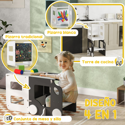 4-in-1 Learning Tower Children's Stool for Kids 3+ Years Old Car-shaped Convertible Table and Chair with Double-sided Chalkboard Safety Bar 58x46x92 cm White and Gray