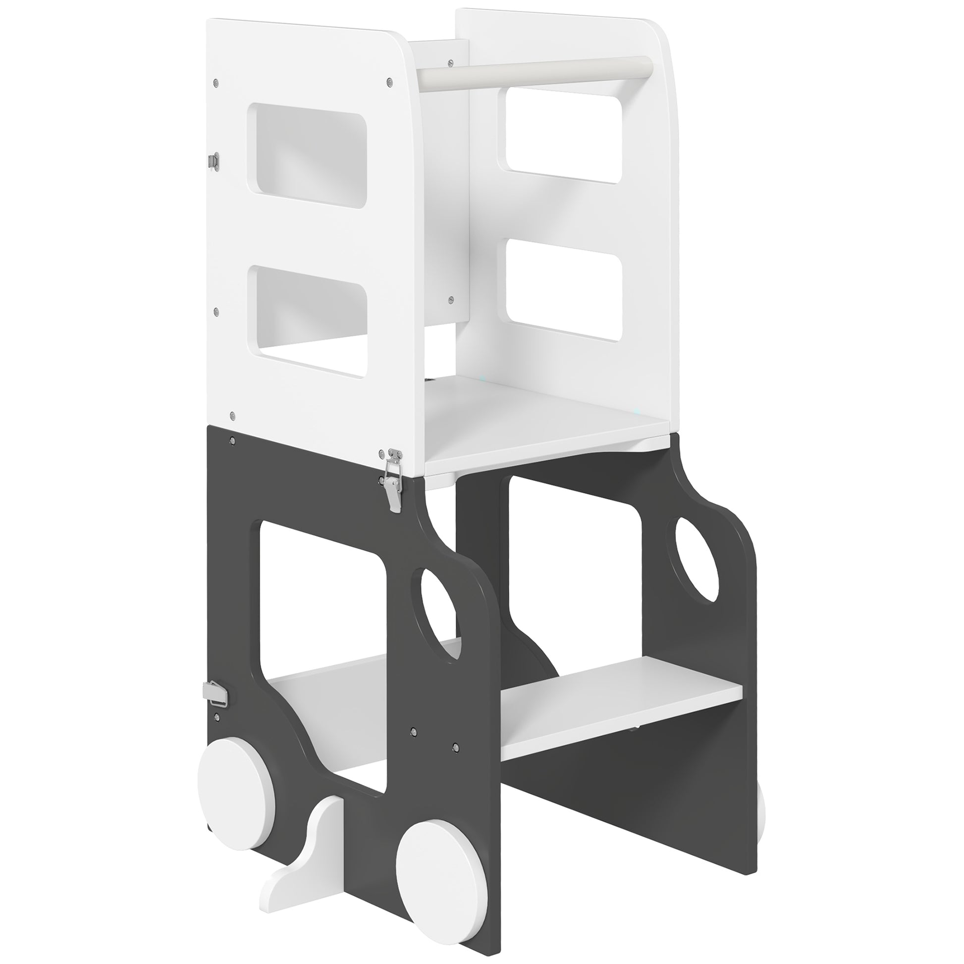 4-in-1 Learning Tower Children's Stool for Kids 3+ Years Old Car-shaped Convertible Table and Chair with Double-sided Chalkboard Safety Bar 58x46x92 cm White and Gray