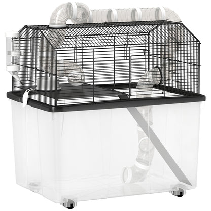 Hamster Cage, Hamster Cage with Ramp, Bowl, Water Bottle, Tube System, 58 x 43 x 57 cm, Black
