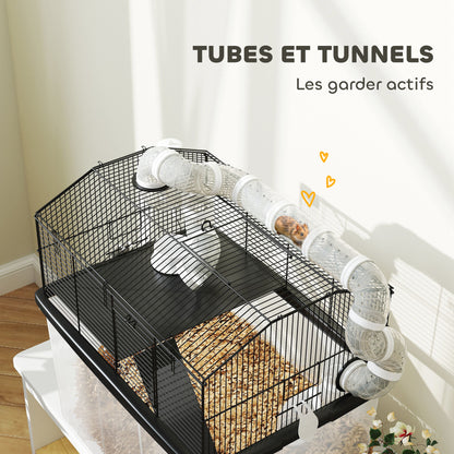 Hamster Cage, Hamster Cage with Ramp, Bowl, Water Bottle, Tube System, 58 x 43 x 57 cm, Black