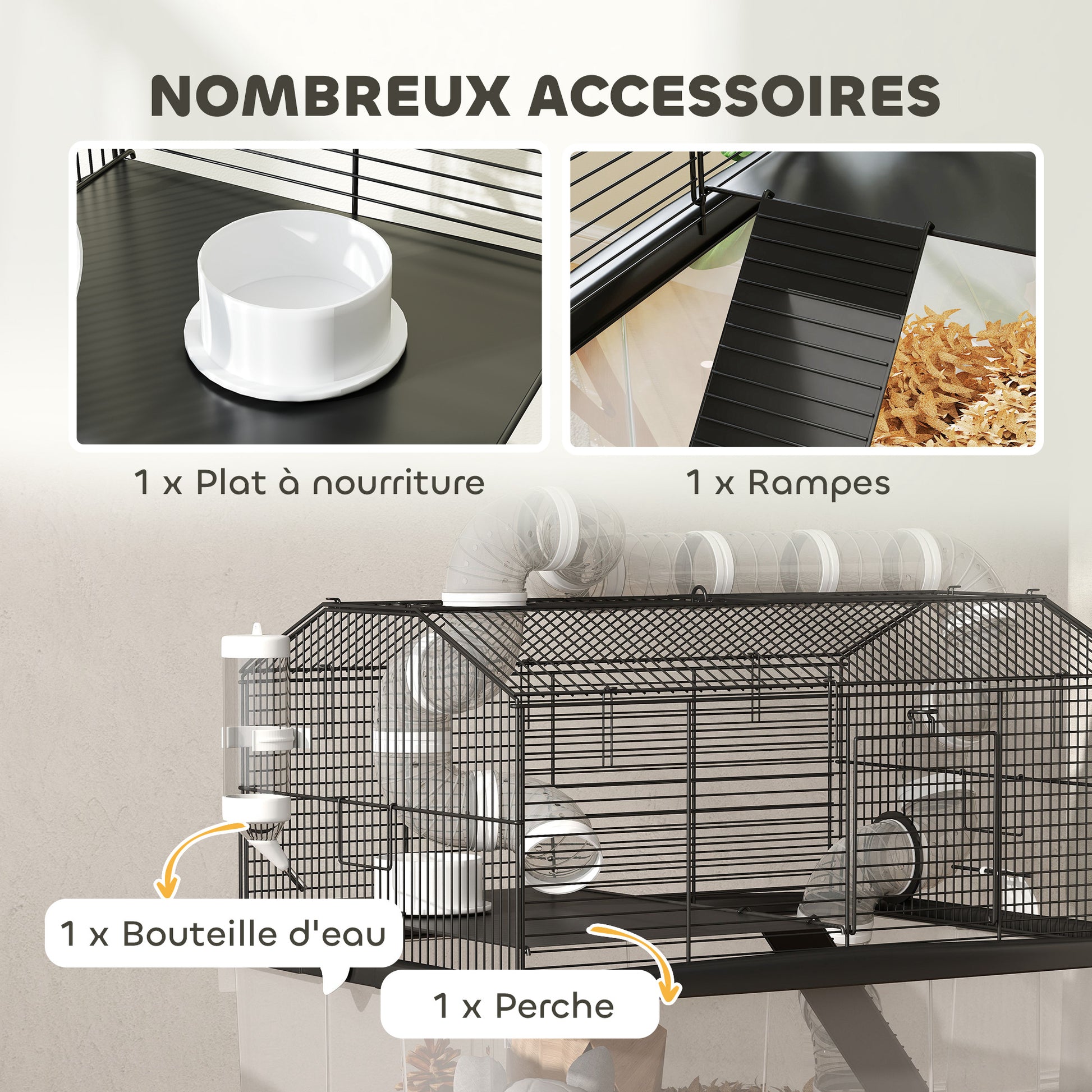 Hamster Cage, Hamster Cage with Ramp, Bowl, Water Bottle, Tube System, 58 x 43 x 57 cm, Black
