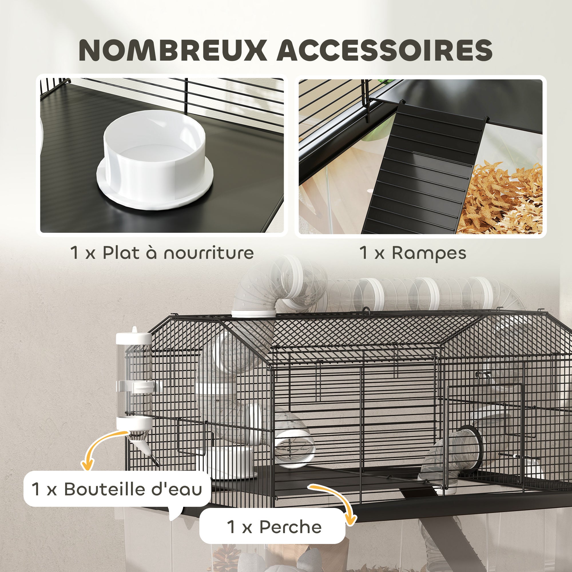 Hamster Cage, Hamster Cage with Ramp, Bowl, Water Bottle, Tube System, 58 x 43 x 57 cm, Black