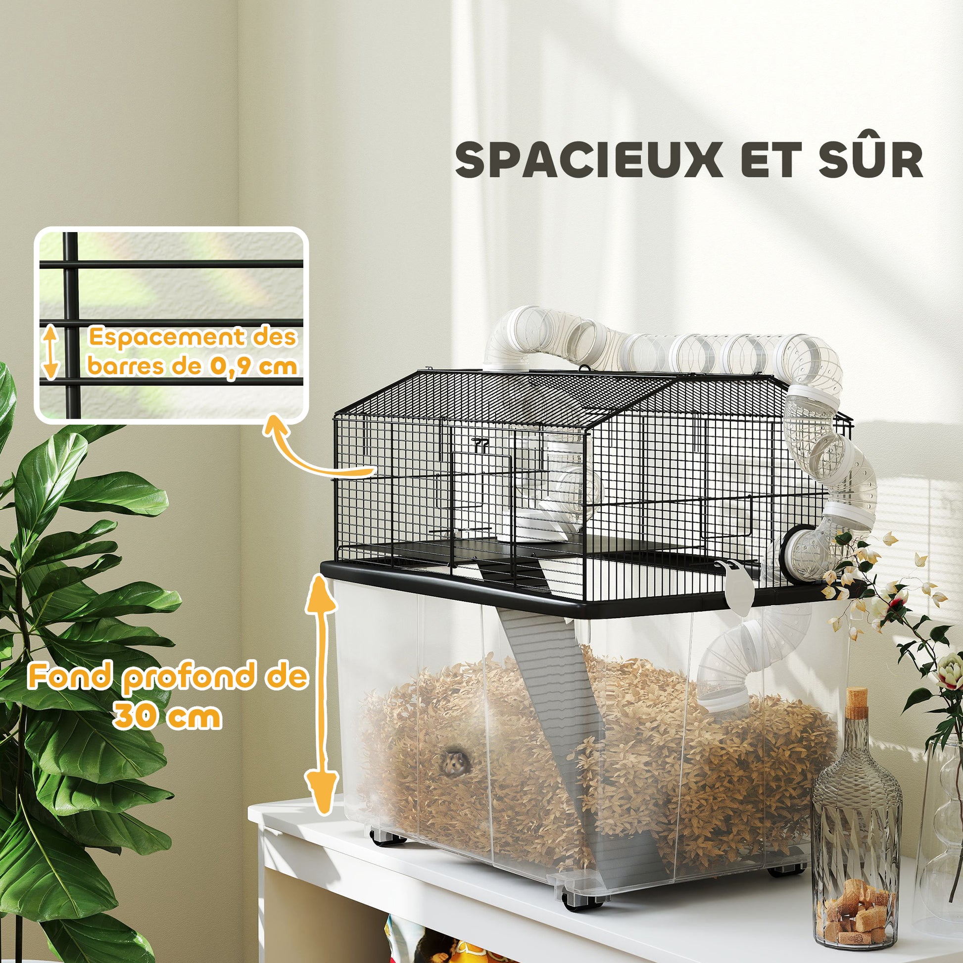 Hamster Cage, Hamster Cage with Ramp, Bowl, Water Bottle, Tube System, 58 x 43 x 57 cm, Black