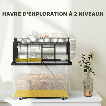 Hamster Cage, Hamster Cage with Ramp, Bowl, Water Bottle, Tube System, 58 x 43 x 57 cm, Black