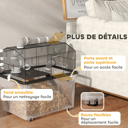 Hamster Cage, Hamster Cage with Ramp, Bowl, Water Bottle, Tube System, 58 x 43 x 57 cm, Black