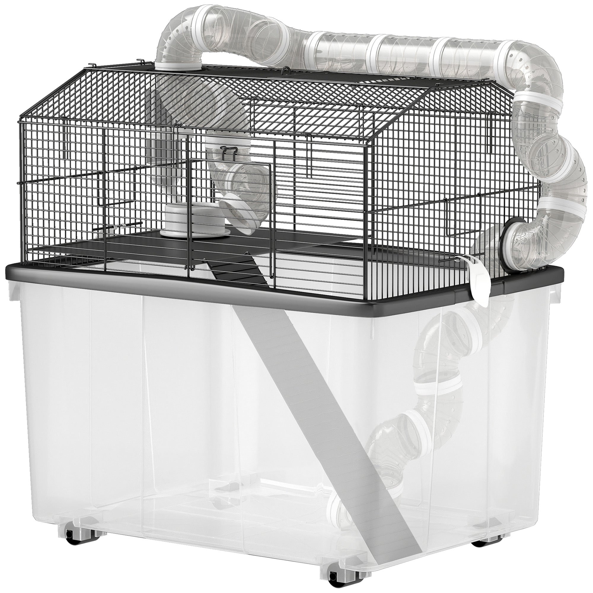 Hamster Cage, Hamster Cage with Ramp, Bowl, Water Bottle, Tube System, 58 x 43 x 57 cm, Black