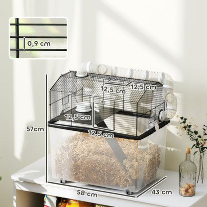 Hamster Cage, Hamster Cage with Ramp, Bowl, Water Bottle, Tube System, 58 x 43 x 57 cm, Black