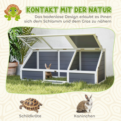 Wooden Turtle House, Turtle Enclosure with Two Main Houses, Flip-Top Upper Side, Lock, Outdoor Reptile Cage for Small Animals, Rabbits 120 x 55 x 50 cm, Light Gray