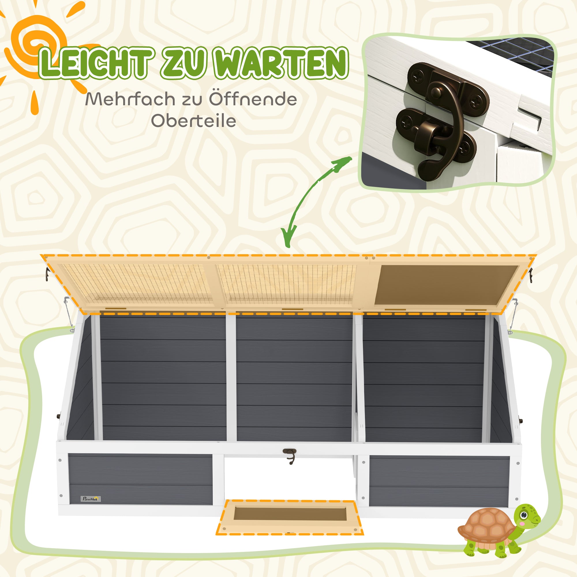 Wooden Turtle House, Turtle Enclosure with Two Main Houses, Flip-Top Upper Side, Lock, Outdoor Reptile Cage for Small Animals, Rabbits 120 x 55 x 50 cm, Light Gray