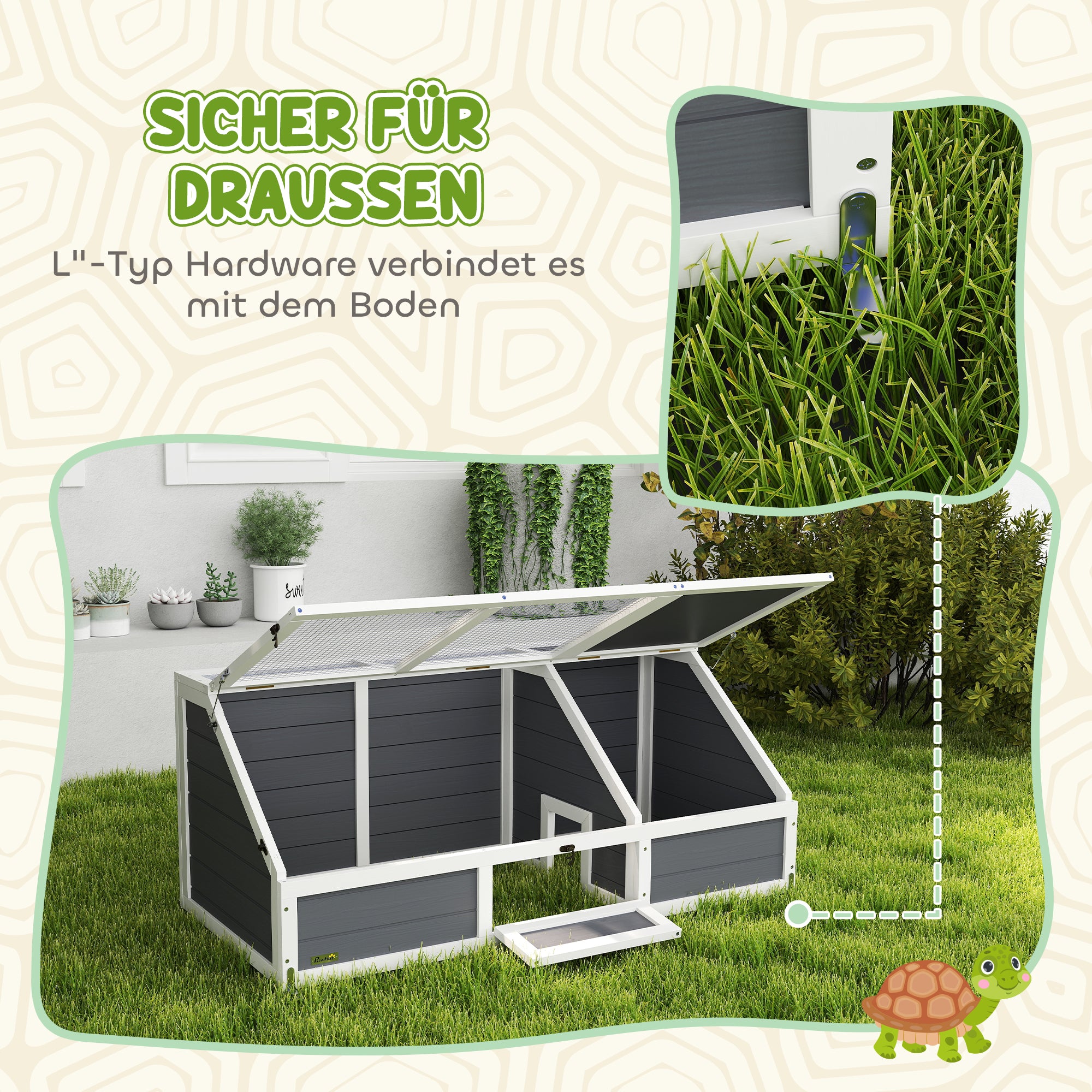 Wooden Turtle House, Turtle Enclosure with Two Main Houses, Flip-Top Upper Side, Lock, Outdoor Reptile Cage for Small Animals, Rabbits 120 x 55 x 50 cm, Light Gray