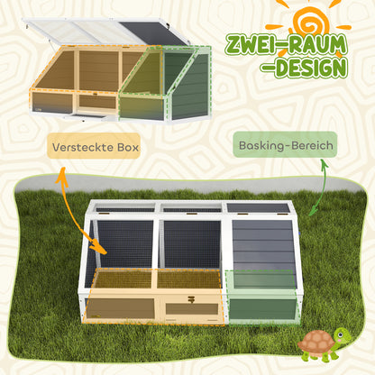 Wooden Turtle House, Turtle Enclosure with Two Main Houses, Flip-Top Upper Side, Lock, Outdoor Reptile Cage for Small Animals, Rabbits 120 x 55 x 50 cm, Light Gray