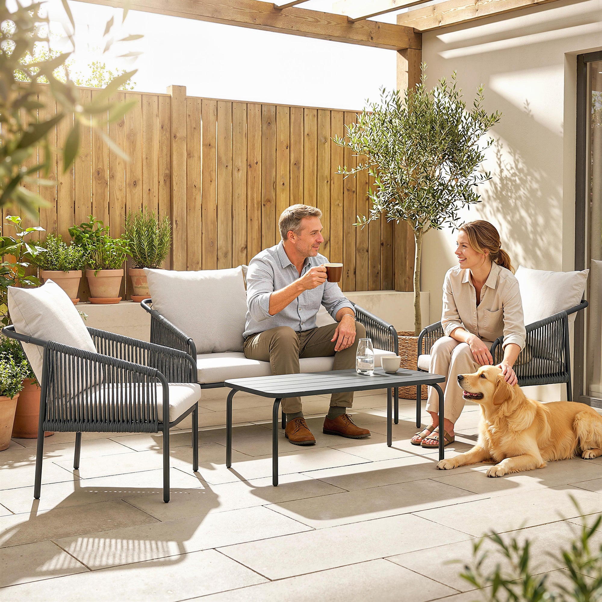 4-Piece Polyrattan Outdoor Lounge Set – 2-Seater Sofa, 2 Armchairs & Coffee Table with Removable Cushions, Steel Frame – Khaki