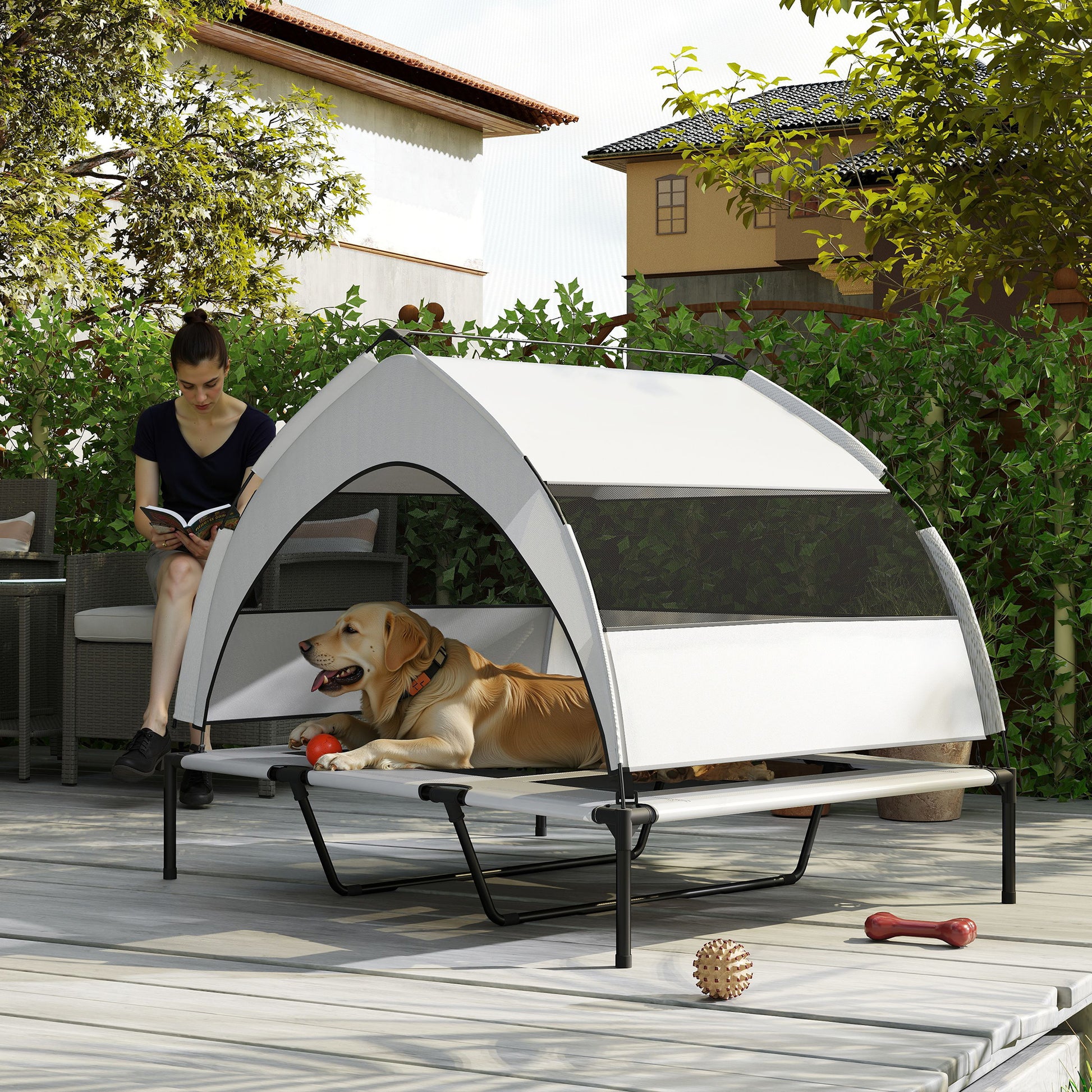 23cm Elevated Dog Bed with Removable 3-Sided Cover, Large Breathable Steel Dog Cot with Carrying Bag, 122x92x94cm, Light Grey and Black
