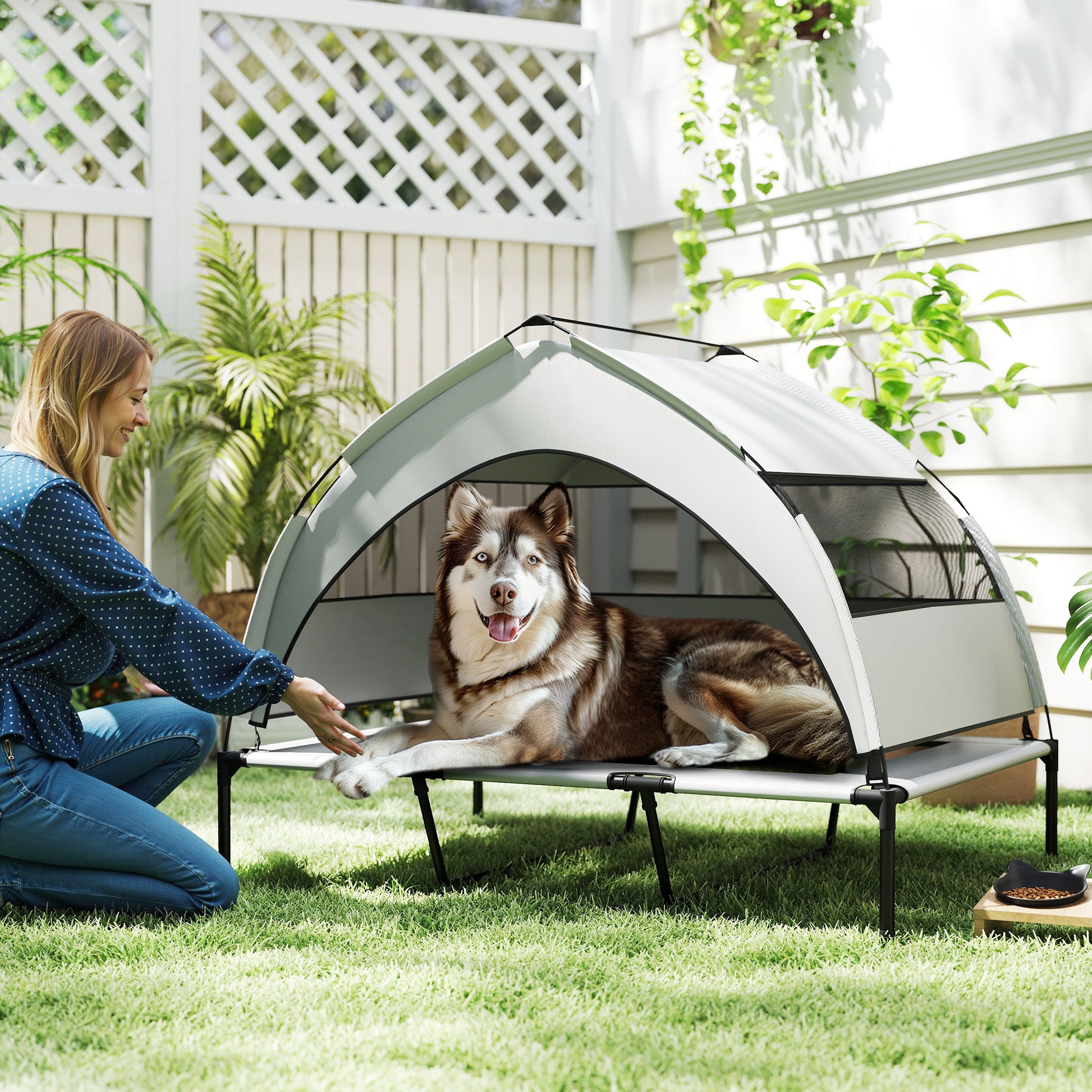 23cm Elevated Dog Bed with Removable 3-Sided Cover, Large Breathable Steel Dog Cot with Carrying Bag, 122x92x94cm, Light Grey and Black