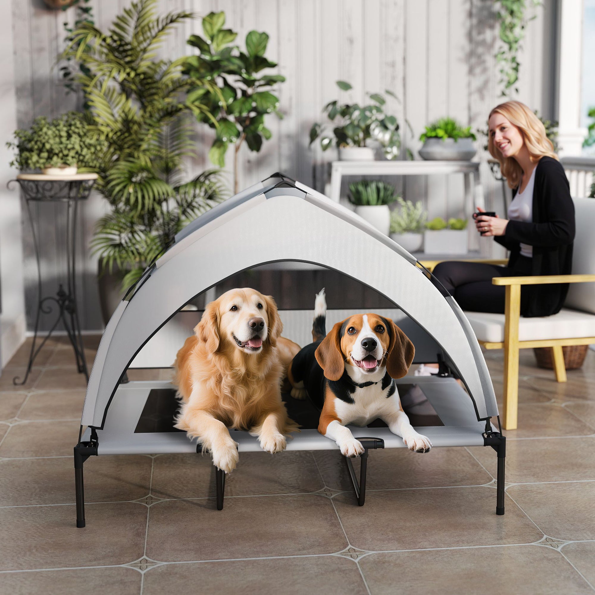 23cm Elevated Dog Bed with Removable 3-Sided Cover, Large Breathable Steel Dog Cot with Carrying Bag, 122x92x94cm, Light Grey and Black