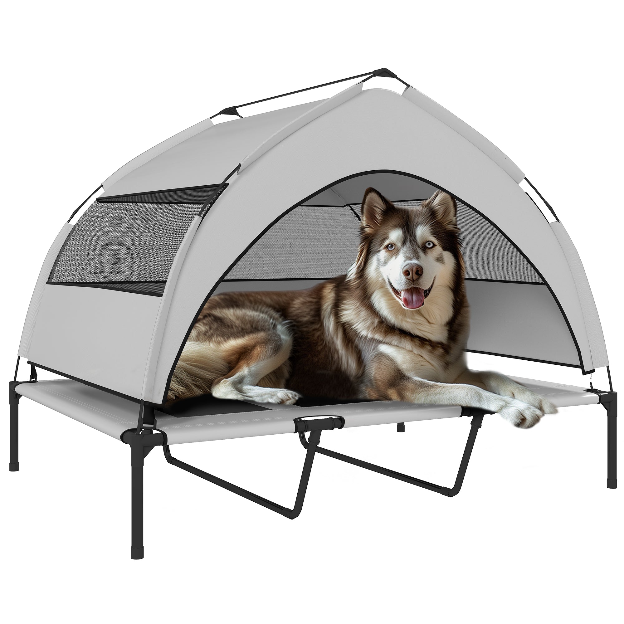 23cm Elevated Dog Bed with Removable 3-Sided Cover, Large Breathable Steel Dog Cot with Carrying Bag, 122x92x94cm, Light Grey and Black