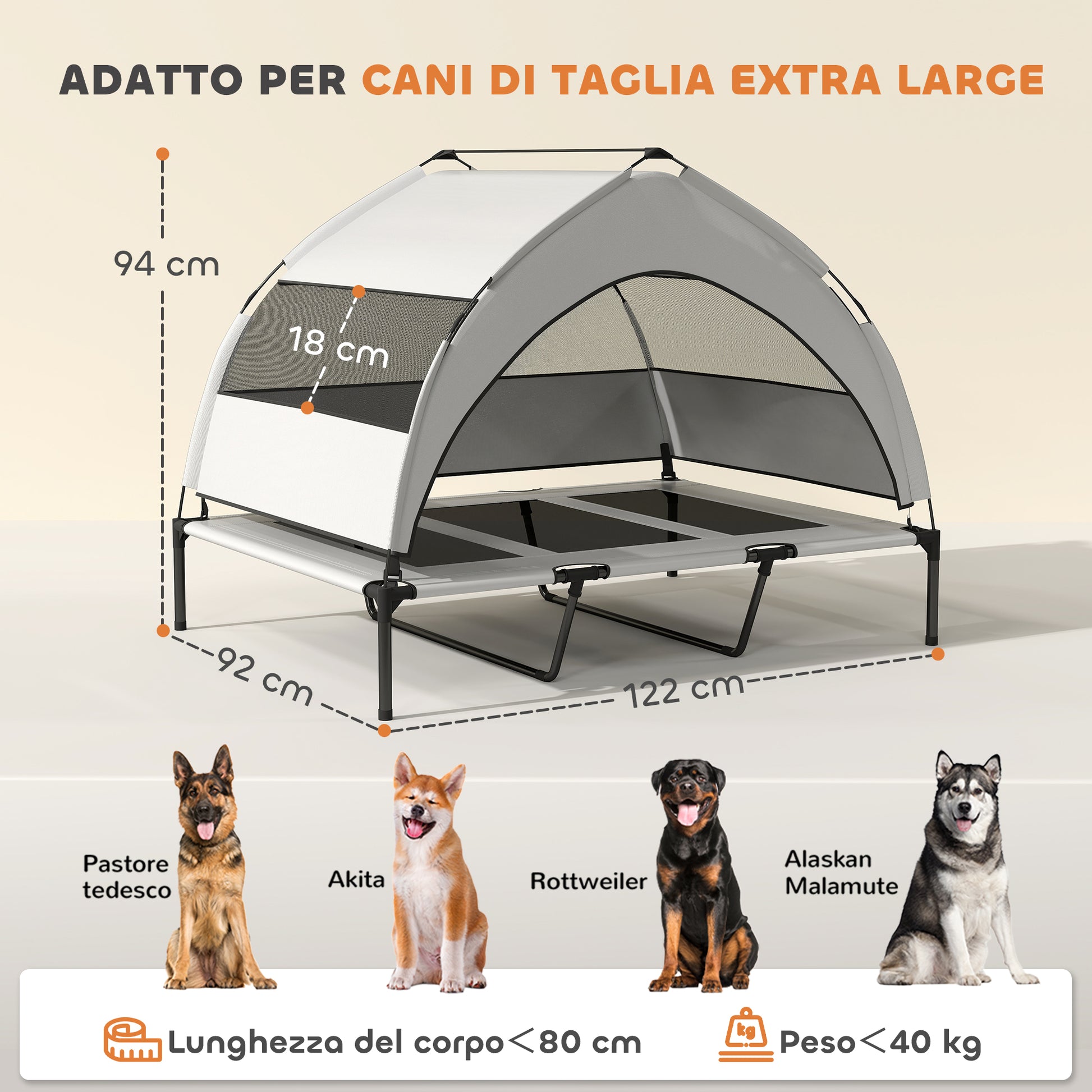 23cm Elevated Dog Bed with Removable 3-Sided Cover, Large Breathable Steel Dog Cot with Carrying Bag, 122x92x94cm, Light Grey and Black