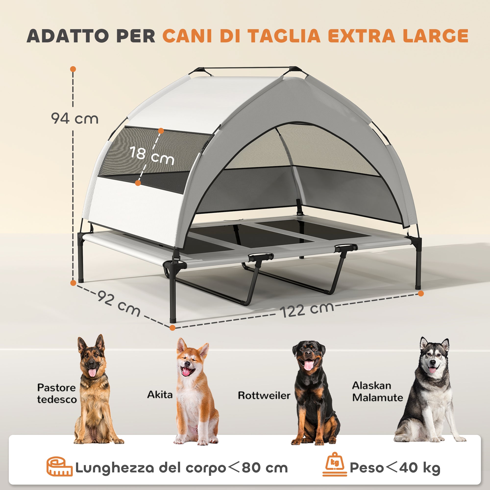 23cm Elevated Dog Bed with Removable 3-Sided Cover, Large Breathable Steel Dog Cot with Carrying Bag, 122x92x94cm, Light Grey and Black