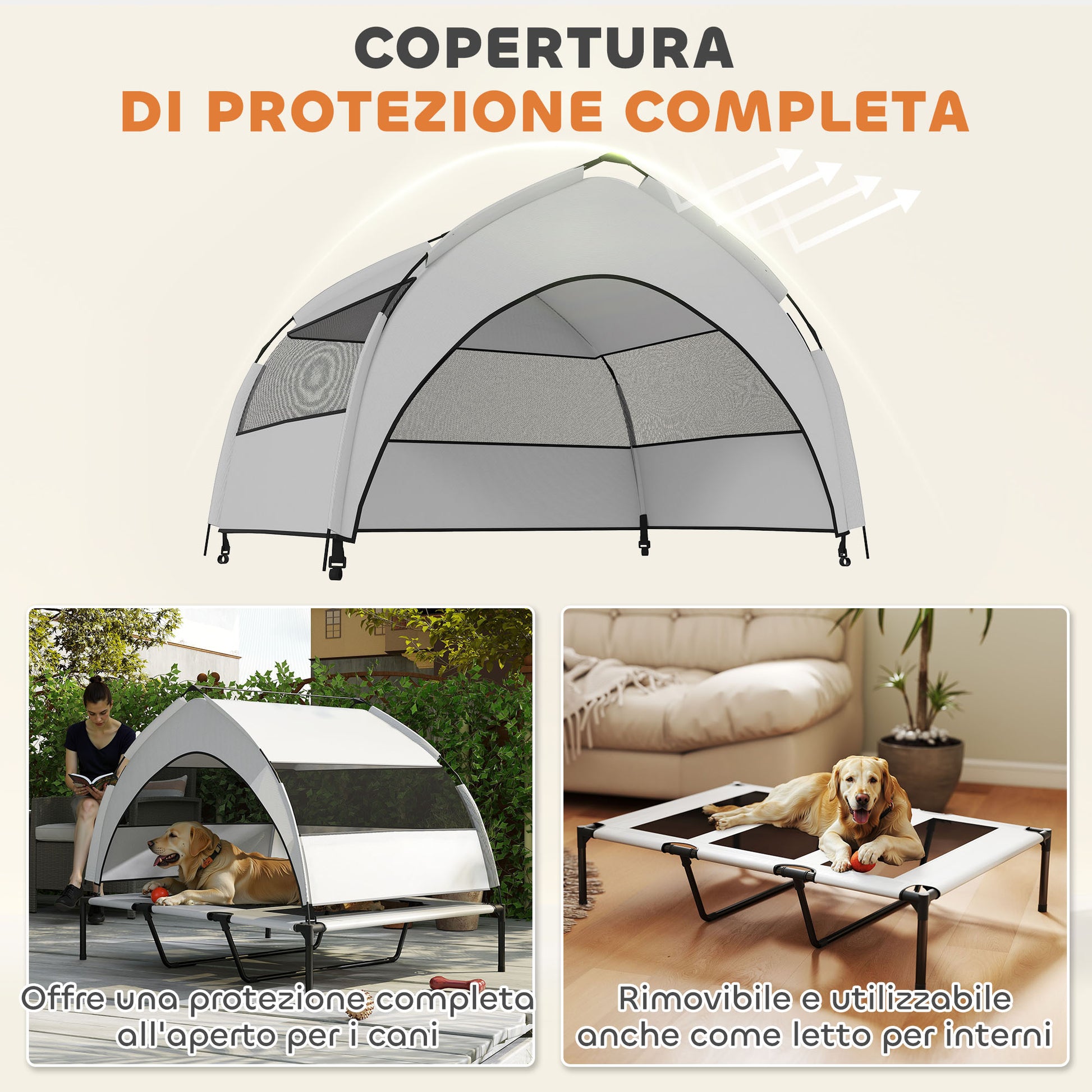 23cm Elevated Dog Bed with Removable 3-Sided Cover, Large Breathable Steel Dog Cot with Carrying Bag, 122x92x94cm, Light Grey and Black
