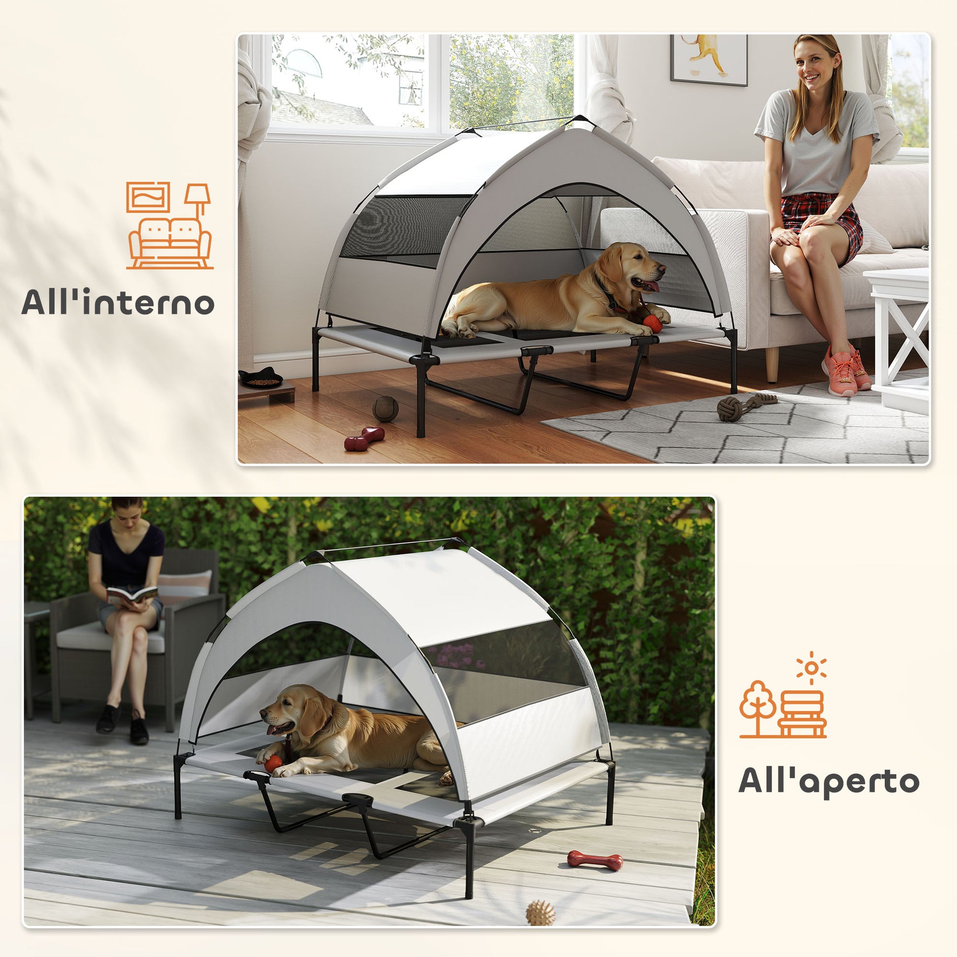 23cm Elevated Dog Bed with Removable 3-Sided Cover, Large Breathable Steel Dog Cot with Carrying Bag, 122x92x94cm, Light Grey and Black