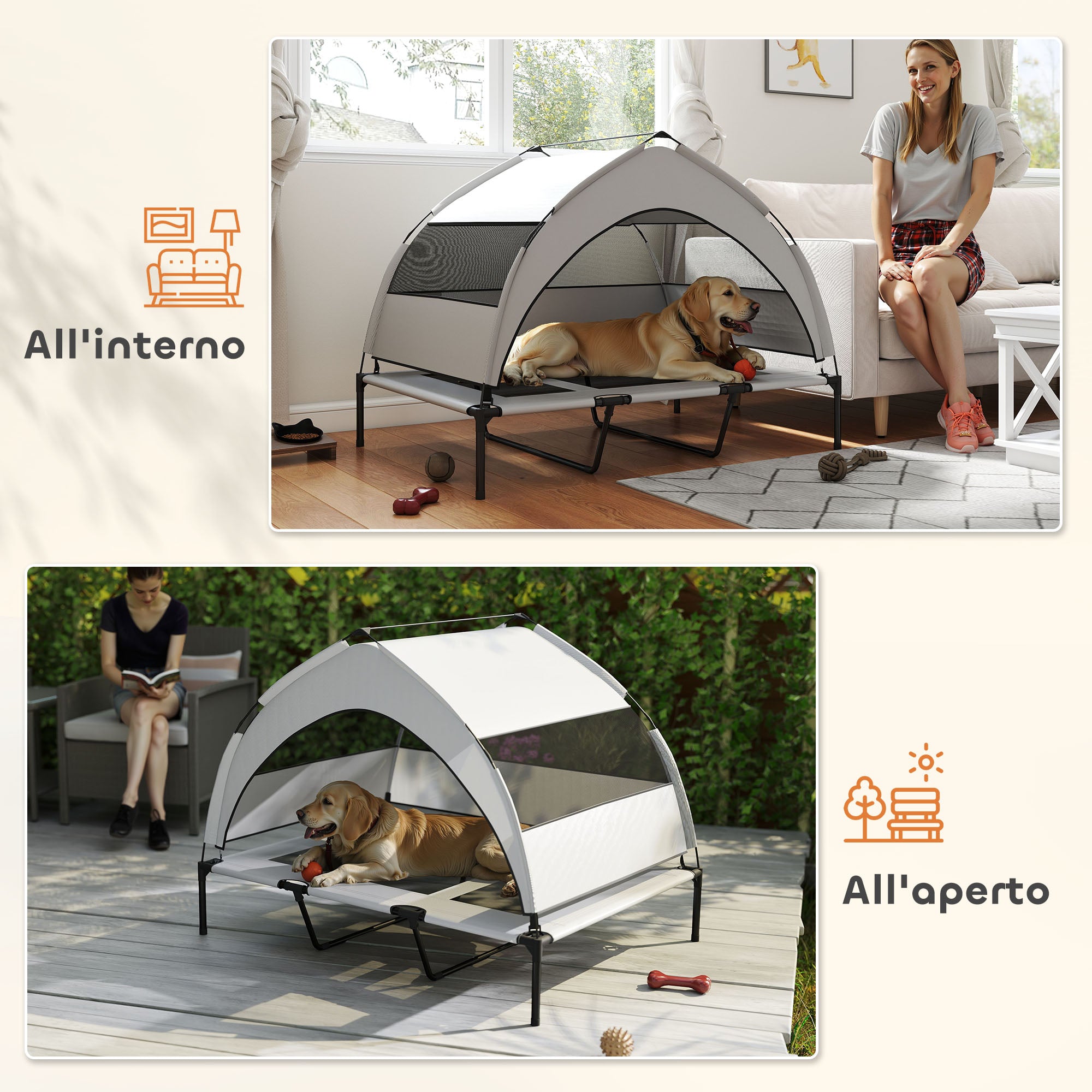 23cm Elevated Dog Bed with Removable 3-Sided Cover, Large Breathable Steel Dog Cot with Carrying Bag, 122x92x94cm, Light Grey and Black