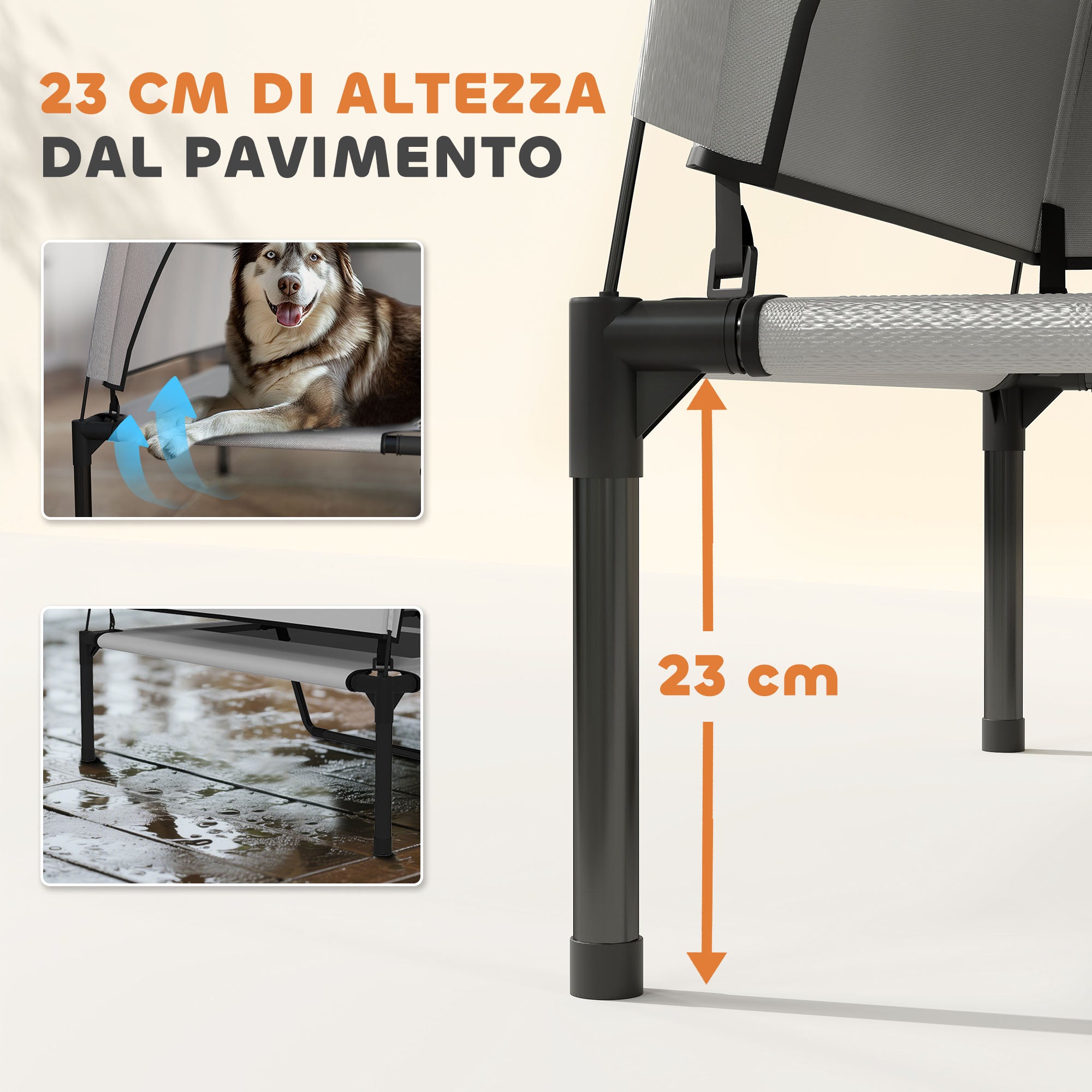 23cm Elevated Dog Bed with Removable 3-Sided Cover, Large Breathable Steel Dog Cot with Carrying Bag, 122x92x94cm, Light Grey and Black