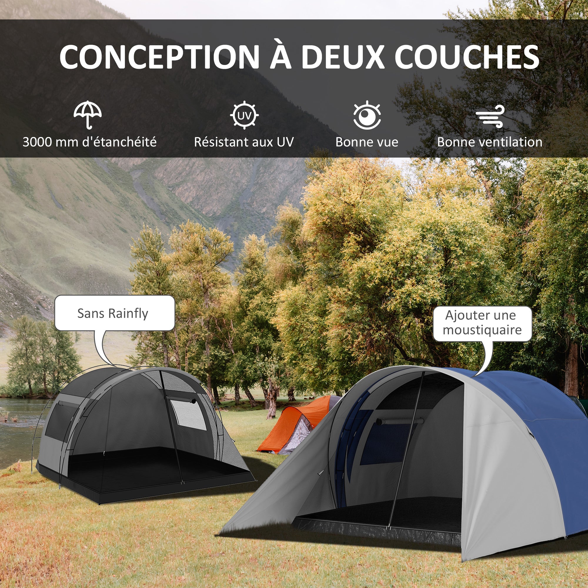 Family Camping Tent for 3-4 People with Double Roof 3000 mm and Carry Bag, Waterproof Ventilated Lightweight Tunnel Tent, dim. 390L x 315W x 188H cm