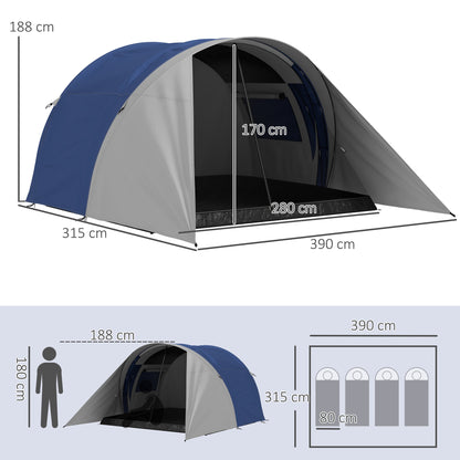 Family Camping Tent for 3-4 People with Double Roof 3000 mm and Carry Bag, Waterproof Ventilated Lightweight Tunnel Tent, dim. 390L x 315W x 188H cm