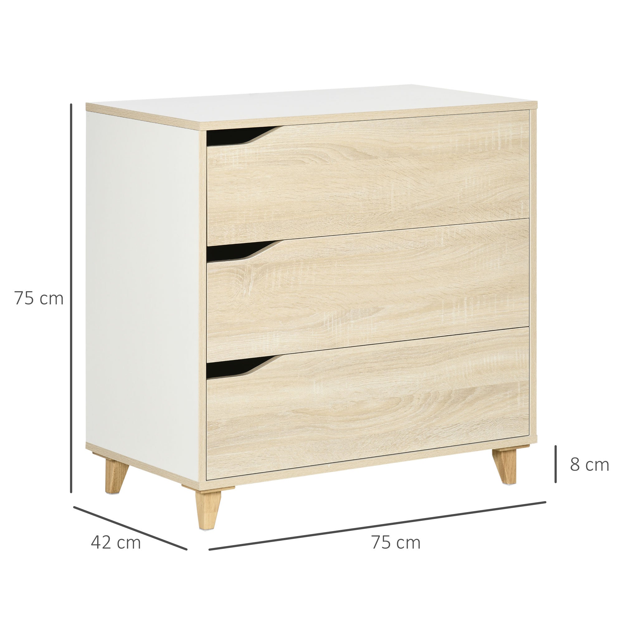 Chest of Drawers with 3 Drawers Two-Tone White and Wood Grain Storage Unit - 75 x 42 x 75 cm