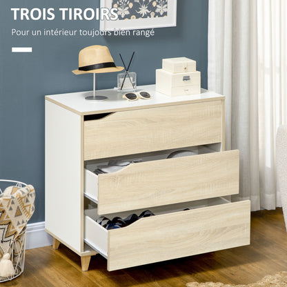 Chest of Drawers with 3 Drawers Two-Tone White and Wood Grain Storage Unit - 75 x 42 x 75 cm