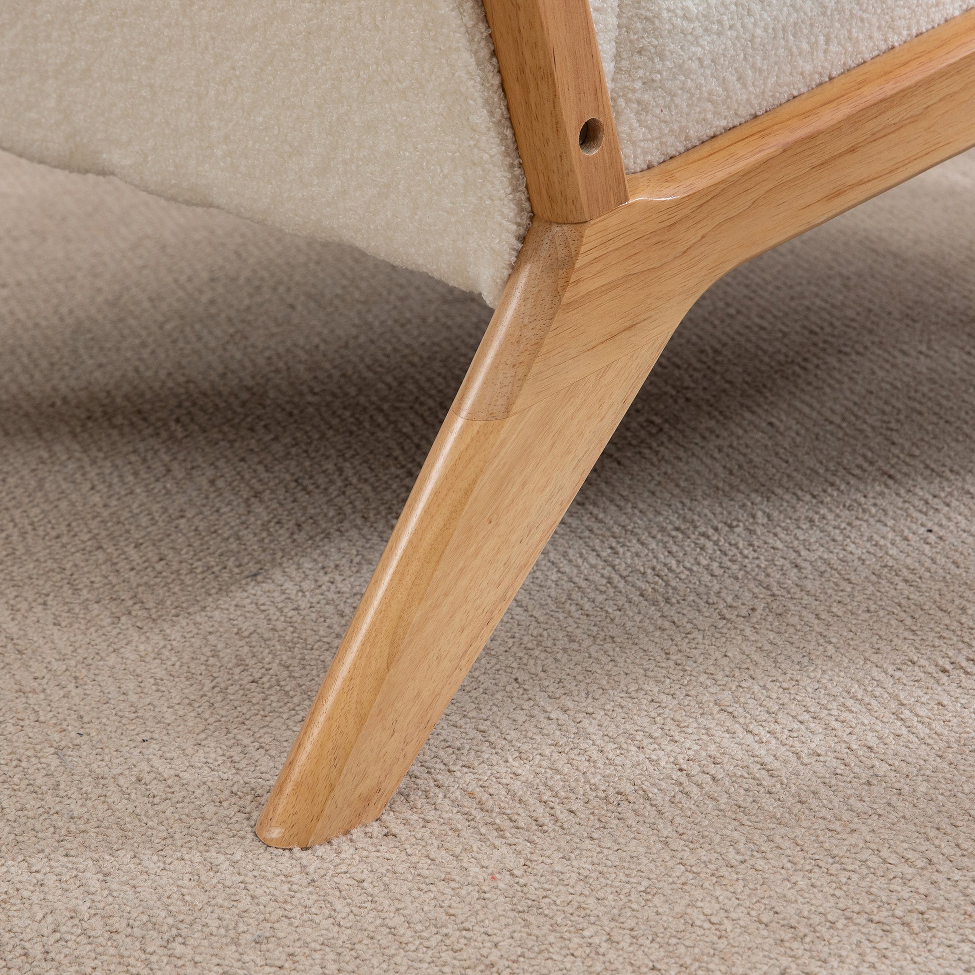 Solid Wood Lounge Chair with Velvet Cushions - Deep Seat - Armrests - Cream Velvet Look