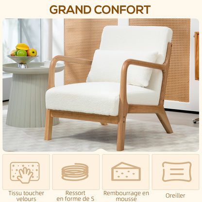 Solid Wood Lounge Chair with Velvet Cushions - Deep Seat - Armrests - Cream Velvet Look