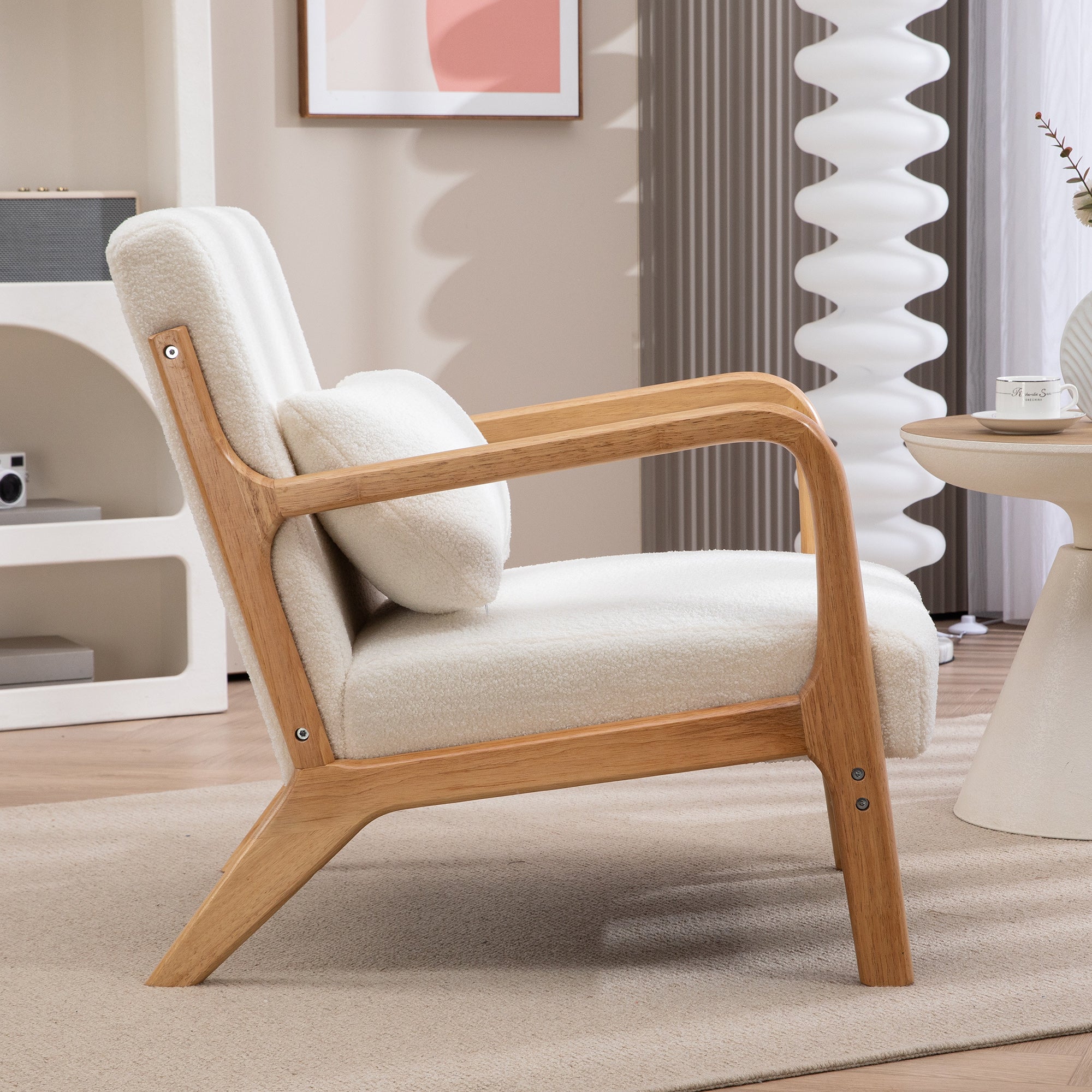 Solid Wood Lounge Chair with Velvet Cushions - Deep Seat - Armrests - Cream Velvet Look