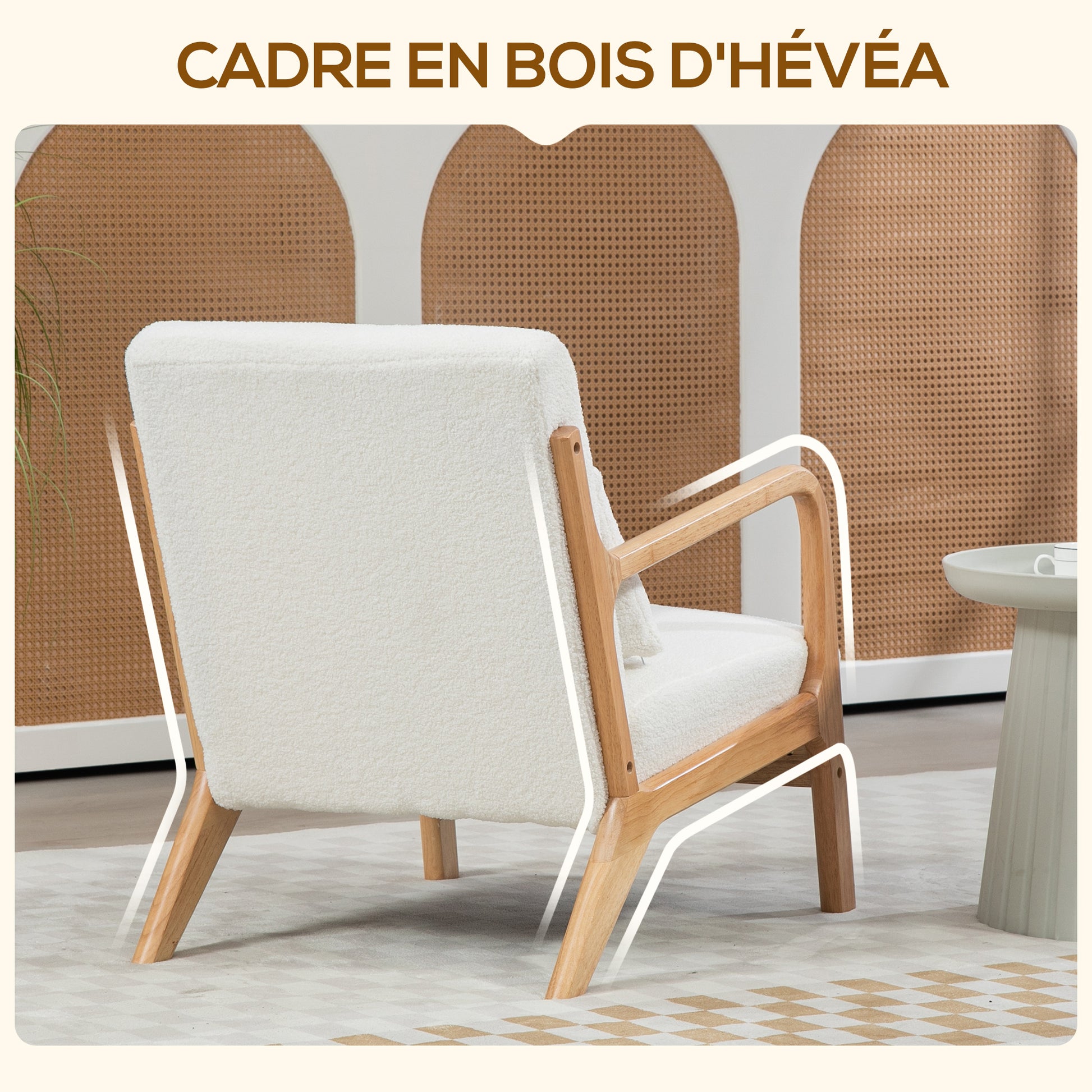 Solid Wood Lounge Chair with Velvet Cushions - Deep Seat - Armrests - Cream Velvet Look