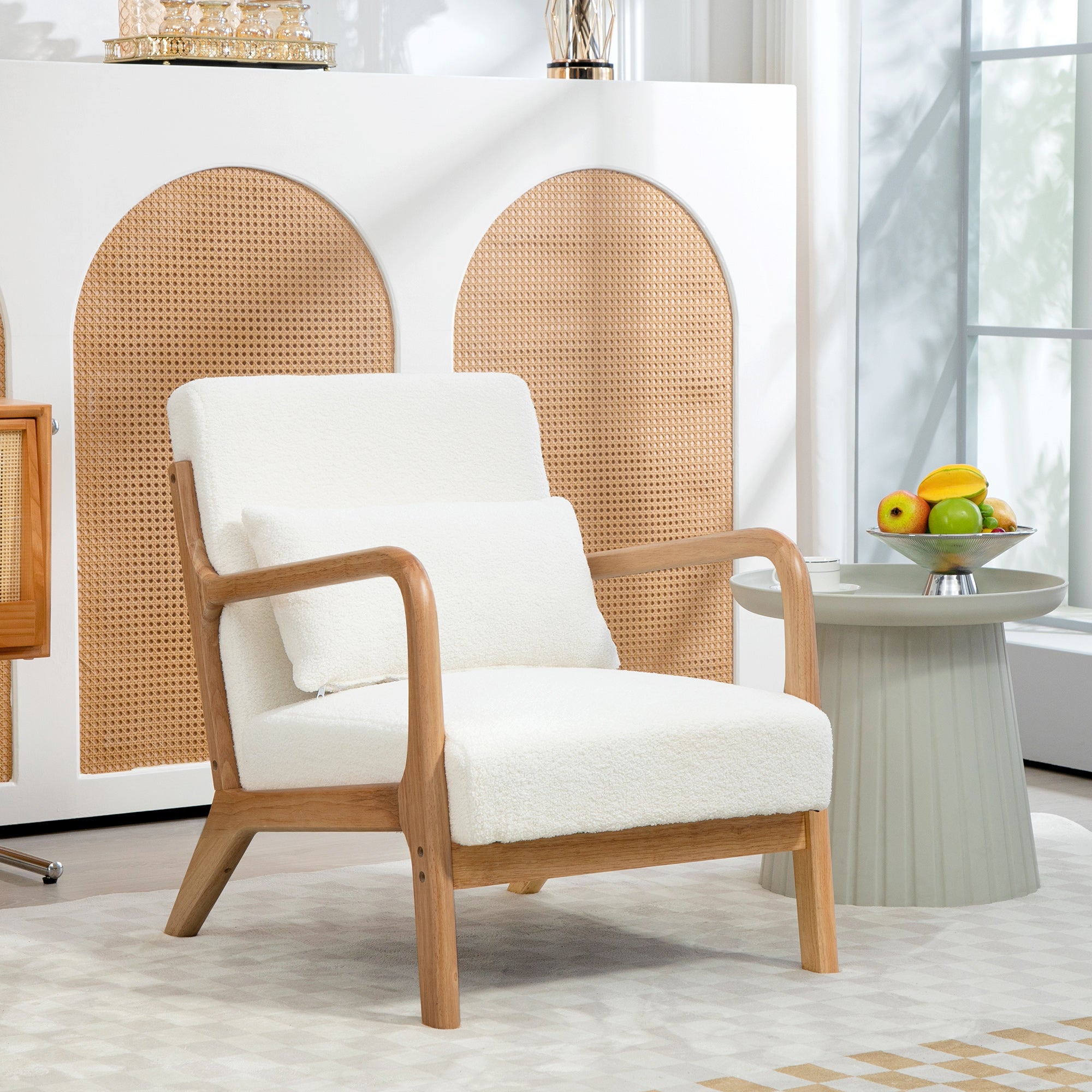 Solid Wood Lounge Chair with Velvet Cushions - Deep Seat - Armrests - Cream Velvet Look