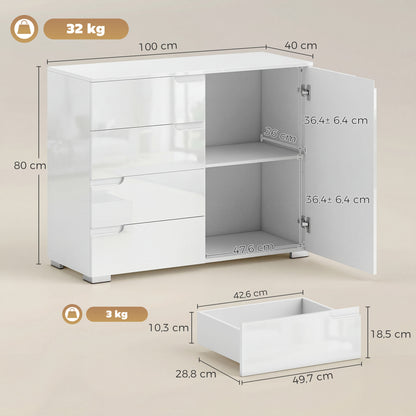 High-Gloss Sideboard — Modern Buffet Cabinet with 4 Drawers & Adjustable Shelf, Soft-Close, White