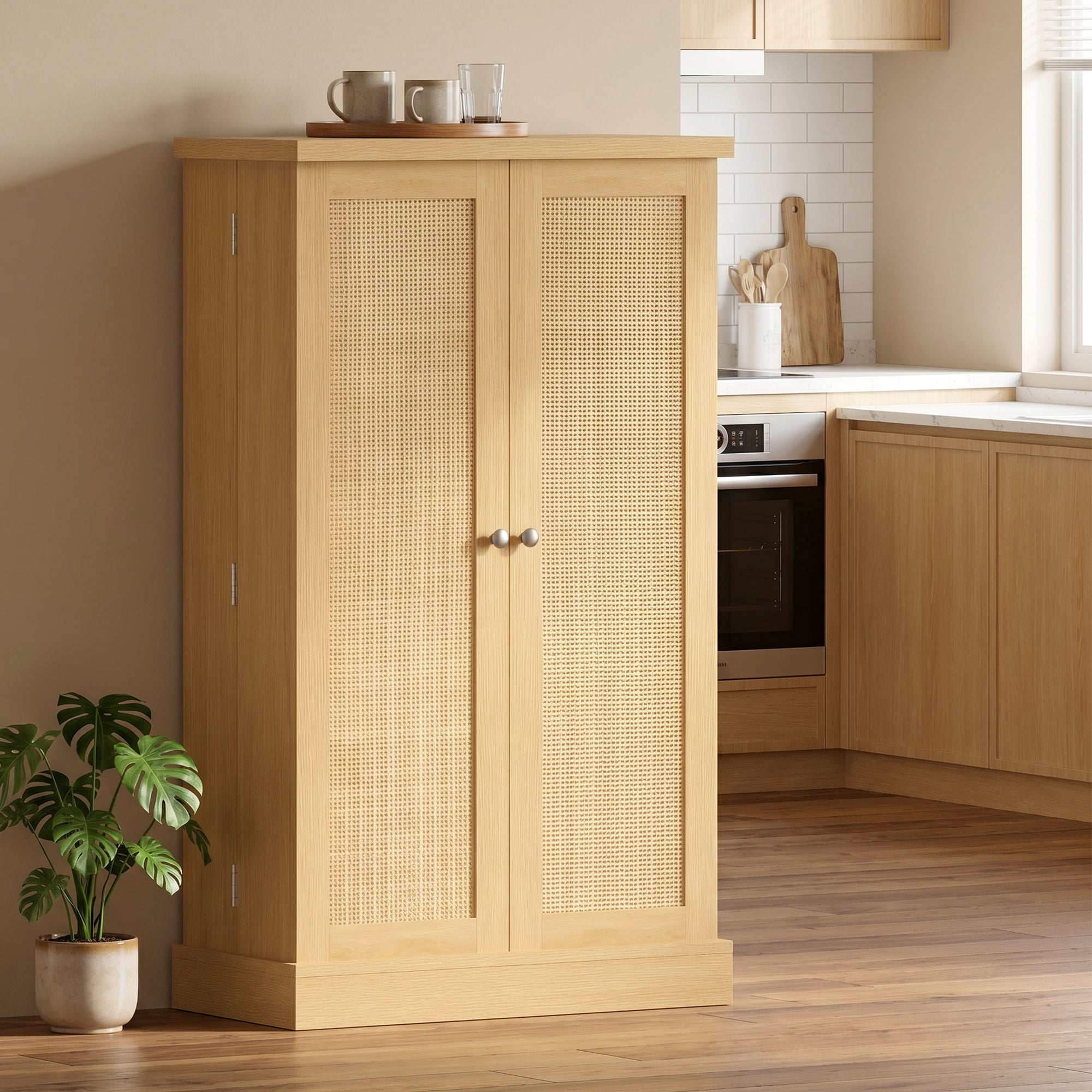 40.9" Kitchen Pantry Cabinet – Rattan Doors, 5-Tier Shelving, 12 Spice Slots & Adjustable Shelves, Natural