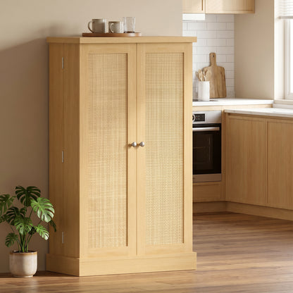40.9" Kitchen Pantry Cabinet – Rattan Doors, 5-Tier Shelving, 12 Spice Slots & Adjustable Shelves, Natural